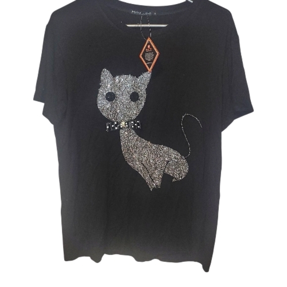 Alina’s Exclusives Rhinestone Cat Graphic Tee M Black Boutique Bling Top NWT - Picture 3 of 9